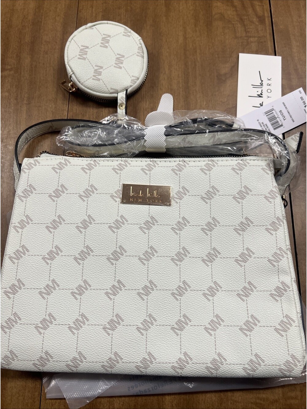 Nicole Miller Crème Gold Logo  Hardware Shoulder Crossbody Bag Purse w Pouch NWT